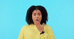 Wow, gossip and face of a woman on a green screen isolated on a blue background in a studio. Mistake, shocked and portrait of a young girl with shock facial expression from announcement or a rumor