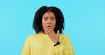 Wow, surprise and face of a woman on a green screen isolated on a blue background in a studio. Mistake, shocked and portrait of a young girl with shock facial expression from gossip or a rumor