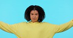 Achievement, woman flex her muscles and against a green screen happy for motivation. Empowerment or strength, mockup space or power and cheerful female person pose for gender equality or strong