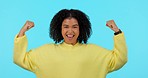 Champion, woman flexing biceps and winning, face and empowerment with gender equality on blue background. Confidence, strong and muscle with female winner, success and competition with feminism