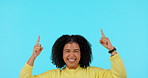 Marketing, woman pointing up for promotion and against a green screen with a smile. Advertising or presentation, mockup space or giveaway and female person point for announcement or information