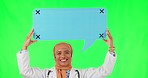 Muslim woman, doctor and speech bubble on green screen for feedback against a studio background. Portrait of female person, medical or healthcare expert and social media icon for chat on mockup space