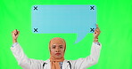 Muslim woman, doctor and speech bubble protesting on green screen against a studio background. Portrait of female medical or healthcare activist and social media icon in voice or chat on mockup space