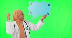 Advertising, muslim woman and green screen is holding at poster and excited in portrait. Cheerful, girl and hijab with promotion and poster for product placement with banner with service, happiness.