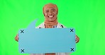 Speech bubble, muslim woman and doctor in studio with green screen for marketing mockup space. Happy, smile and islamic medical worker with voice board with tracking markers by chroma key background.