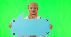 Muslim woman, doctor portrait and speech bubble with healthcare announcement and communication. Hijab, health professional and young female person with green screen, tracking markers and medical news