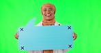 Muslim woman, green screen and doctor portrait with speech bubble for healthcare deal and social media. Hijab, health professional and young female person with tracking markers and happy medical news