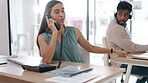 Woman, phone call and frustrated with working in office, crm or problem with client, customer or talking on telephone. Funny, person and laughing with consultant or friend in consulting business