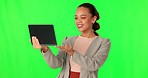 Young business woman, video call and green screen with tablet, wave and hello with smile in mockup. Happy businesswoman, webinar and talking for networking, communication or crm job with touchscreen
