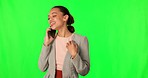 Green screen, phone call and woman with a smile, business and communication against a studio background. Female person, employee and consultant with a smartphone, connection and talking with network