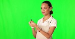 Green screen order, notepad writing or happy woman, barista or waiter smile for cafeteria service, hospitality or work. Chroma key server, menu choice note or cafe person serving on studio background