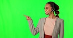 Woman, call center agent and pointing by green screen, face and smile for choice, review and mockup space. Telemarketing, customer service and female consultant with arms crossed in studio portrait