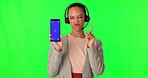 Green screen phone, telemarketing woman face or wrong decision, call center mistake or communication. Chroma key portrait, cellphone tracking markers or female consultant problem on studio background
