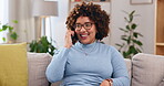 Happy, woman and hello for talking with phone call in living room, communication and networking to chat on sofa. Female person, smartphone and smile for mobile conversation, contact and connection