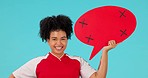 Soccer, speech bubble and face of woman with news, feedback or vote in studio on blue background. Social media, poster and portrait of lady football player with tracking markers for results or review