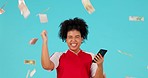 Money rain, cellphone and woman excited, celebrate and cheers for euro bills, cash reward or winning competition. Income, winner success achievement and person with phone news on studio background