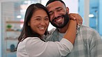 Love, face and a couple hug in a house for happiness, marriage and gratitude together. Smile, care and portrait of a man and woman in an embrace in an apartment for romance, bonding and relax