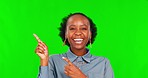 Happy, face and black woman with hand pointing to green screen studio for sale or news on mockup background. Wow, portrait and excited African female person with announcement, promotion or deal