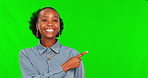Green screen, face and woman pointing to marketing space, presentation and announcement or information, Yes, advice and happy african person show mockup, creative design or promo on studio background