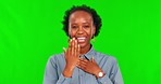 Happy, sign language and face of black woman on a green screen for communication and teaching speech. Smile, working and portrait of African teacher speaking with hands isolated on studio background