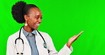 Choice, show and face of female doctor on green screen for deal announcement or advertising. Medical, medicine and healthcare with portrait of black woman on studio background for decision mockup