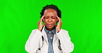 Headache, doctor and stress with black woman on green screen for burnout, mental health and pain. Medical, healthcare and medicine with person on studio background for fatigue, frustrated or migraine