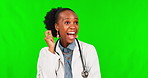 Thinking, green screen and a black woman with a healthcare idea, medical planning and decision. Happy, solution and an African doctor with a vision for nursing isolated on a mockup studio background