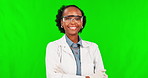 Face, scientist and black woman with arms crossed on green screen in studio isolated on a background mockup. Portrait, science and confident medical professional with goggles, smile and happy doctor.