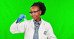Green screen, science and black woman with chemistry, liquid and research with glass beaker on studio background. Happy, scientist or student or expert in experiment, test and safety in laboratory