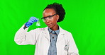 Green screen, science and black woman with chemistry, fail and research with glass beaker on studio background. Mistake, scientist or student or expert in experiment, test and safety in laboratory