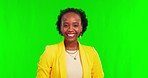 Laughing, face and black woman in green screen studio with good mood, joke or positive attitude on mockup background. Funny, joke and portrait of African female person with humor, happy and smile