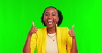 Face, funny and black woman with thumbs up on green screen isolated on a studio background mockup. Portrait, like hand gesture and business person laughing with emoji for success, yes and feedback.