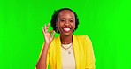 Hand, perfect and black woman face in green screen studio for success or agreement, vote or feedback on mockup background. Portrait, ok and African lady person with support, thank you or review emoji