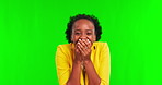 Shocked, happy and business with black woman on green screen for good news, announcement and wow. Excited, notification and surprise with portrait of female employee on studio background for success