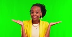 Hands, choice and face of black woman in green screen studio with decision on mockup background. Happy, portrait and African female person with options, questions and solution with palm scale emoji