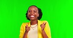 Face, green screen and black woman pointing to you, celebration or motivation on a studio background. Portrait, female person or girl with hand gesture, support or select with decision or opportunity