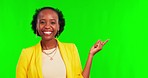 Green screen, pointing to space and face of black woman advertising mockup, marketing information or presentation. Portrait, happy female model and list of instructions for review, promotion or offer