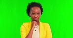 Green screen, thinking and black woman confused, doubt and decision against a studio background. Female person, Ghana and girl with choice, shaking head and decision with problem solving and question
