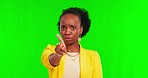 No, finger and face of black woman in green screen studio with head shake for stop, limit or warning on mockup background. Portrait, hand and African female person with threat, refuse or reject emoji