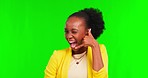 Woman, phone call and hand gesture by green screen, sign and excited face for comic laugh in mockup. Young African businesswoman, connectivity icon and emoji for funny wink, smile and studio portrait