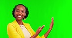 Presentation, green screen and face of black woman with hand pointing to announcement, news or promo on mockup background. Review, portrait and African female person with message, coming soon or info