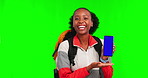 Green screen, smartphone and black woman with travel advertising, technology and hiking on studio background. Happiness, marketing and mockup space with mobile app logo and female hiker in portrait