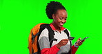 Black woman, credit card and smartphone with travel and green screen, discount on payment for journey and fintech. Mockup space, bank app and e commerce, female backpacker and online shopping success