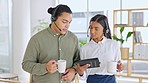 Discussion, call center and telemarketing agents in the office with digital tablet and cup of coffee. Partnership, conversation and customer support consultants talking for crm strategy in workplace.