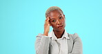 Frustrated, tired and business with face of black woman in studio for anxiety, mental health and stress. Burnout, headache and fatigue with portrait of female employee on blue background for failure