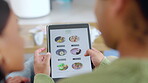 Tablet, screen and people order, food delivery and online payment, check sign and ux design at home. Lunch menu, customer or couple hands on digital technology, e commerce app or restaurant website