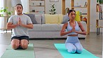 Yoga, meditation and zen, couple in living room with breathing exercise in chakra mindfulness. Training, health and wellness to relax, meditate and spiritual peace of mind for man and woman in home.