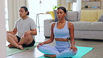 Yoga, breathing and couple in living room, fitness and meditation, healing or holistic exercise at home. Calm, peace and people meditate, pilates and breathe for zen, spiritual and wellness class