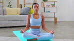 Yoga, lotus pose and woman in living room or home in zen fitness, exercise and mindfulness, healing or peace. Meditation, breathing or calm indian person in health, holistic training or body wellness