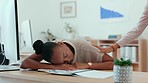 Tired, sleeping and a manager woman waking up an employee at her desk in an office for a business deadline. Exhausted, burnout and an overworked female worker asleep with her boss asking a question